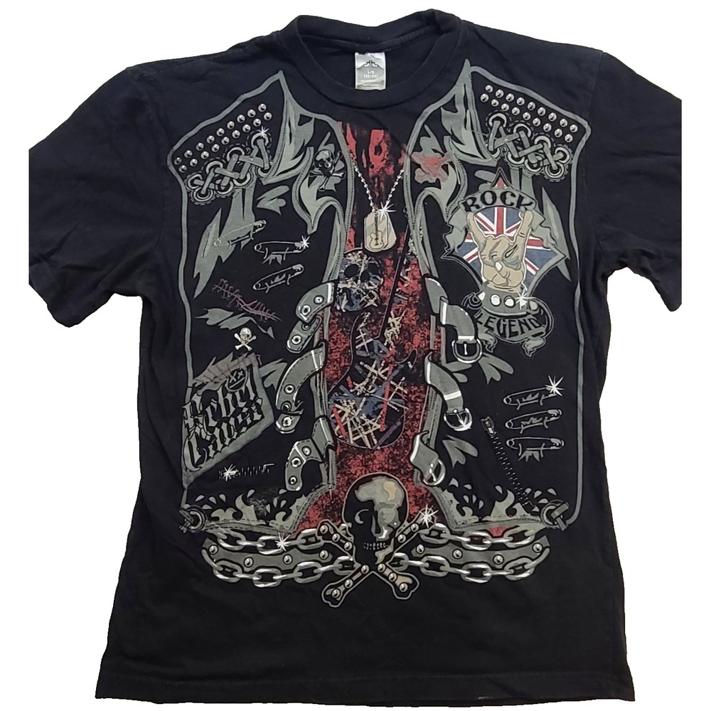 Men’s Rock Legend Graphic T-Shirt Large Black Skull Guitar Punk Goth Cotton Y2K